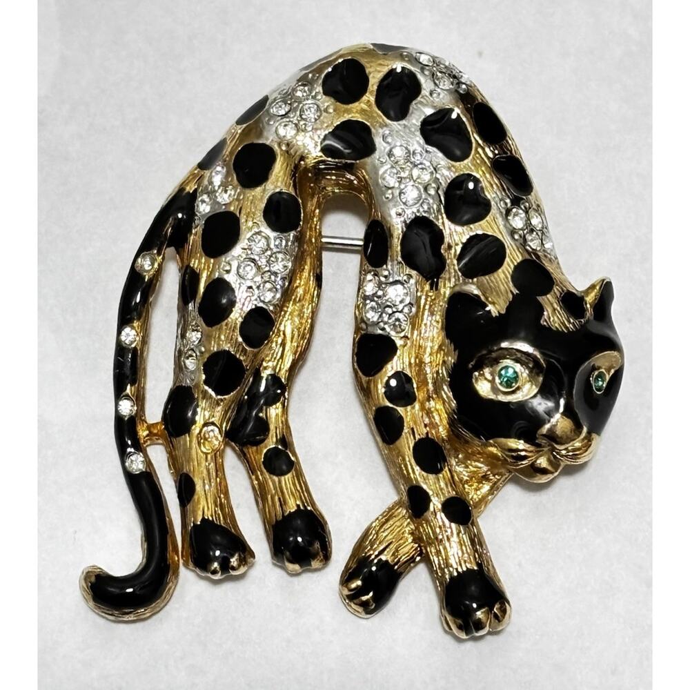 Vintage Leopard Pin, Golden Black Enamel, with Rhinestones Please Read